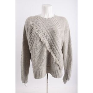 Madewell Womans Fringe Sweater Size M Light Gray Cable Knit Merino Wool